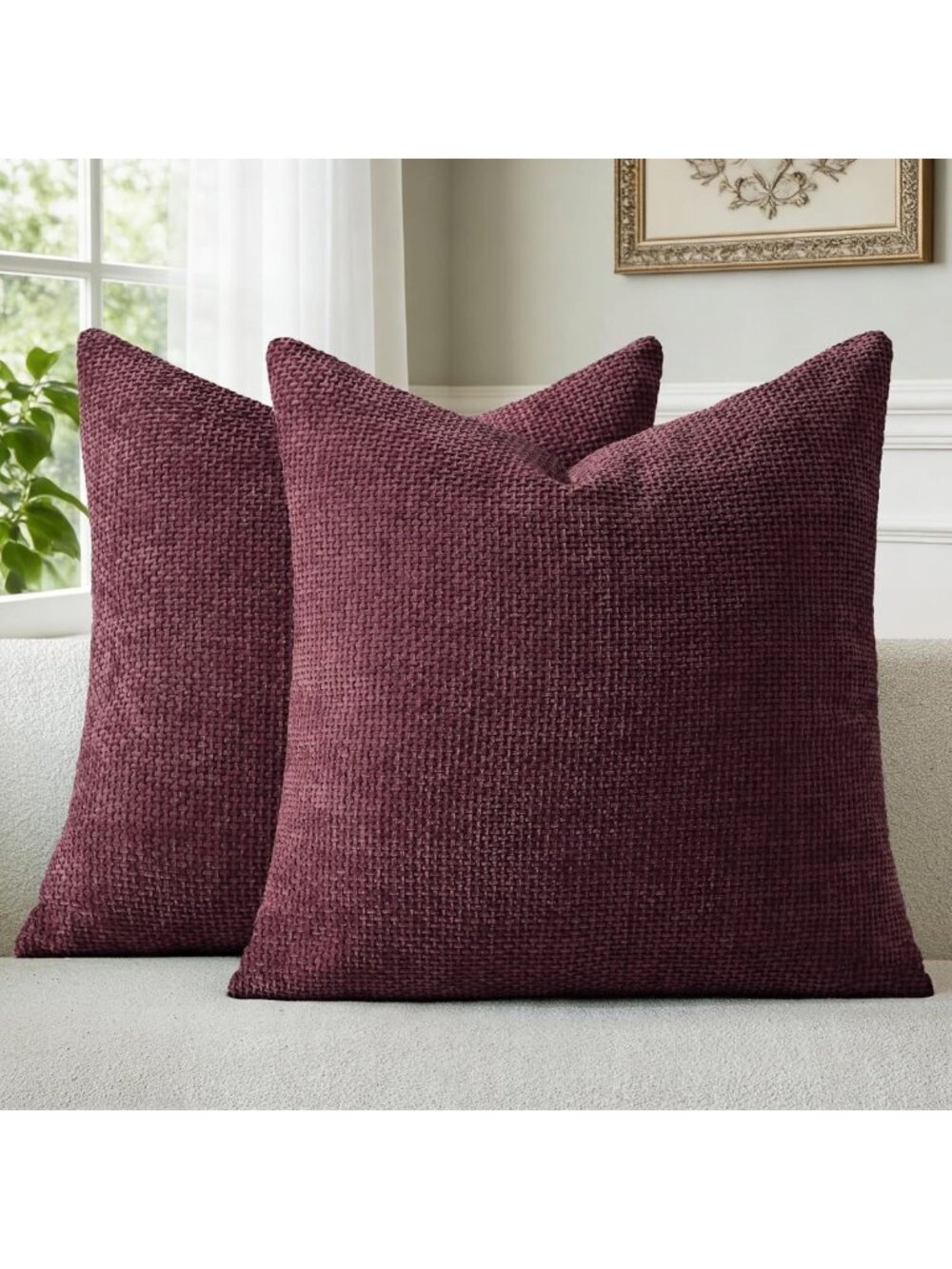 Christmas Wine Red Chenille Throw Pillow Covers 22x22 - Modern Farmhouse Decor